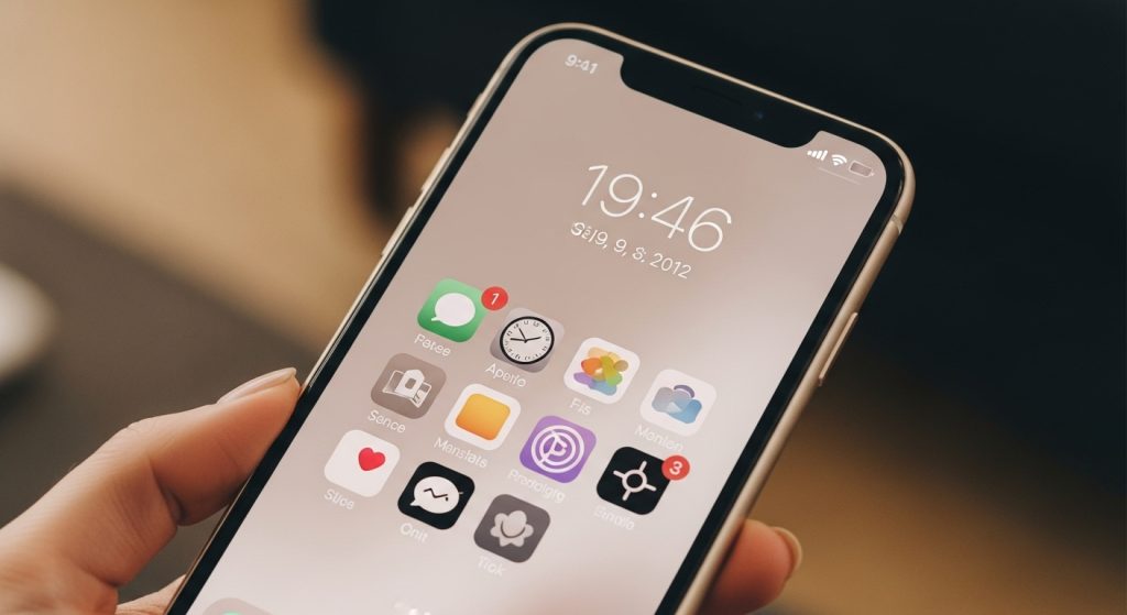 Simple Aesthetic Wallpaper Backgrounds: Minimalist Designs for a Calm & Stylish Look 7 Elegant iPhone with soft minimal beige wallpaper, icons placed neatly, clean screen aesthetic.