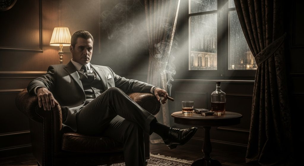 Mafia Aesthetic Wallpaper Background Dark & Powerful HD Backdrops 2 A dark cinematic wallpaper scene of a mafia boss in a sharp suit, sitting in a smoky room with vintage lighting, dramatic and aesthetic style.