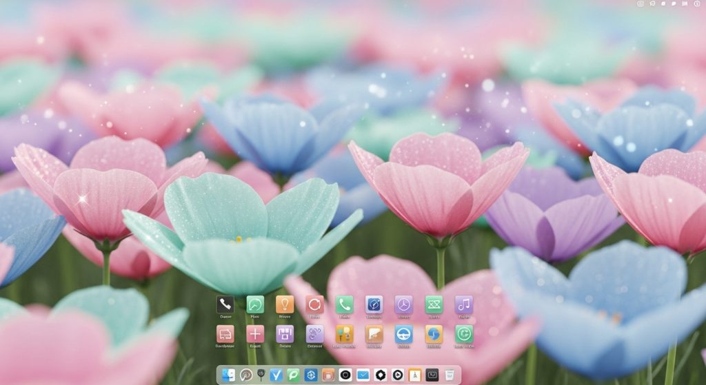  Desktop wallpaper showing pastel flowers with a subtle sparkle effect and neatly arranged icons.