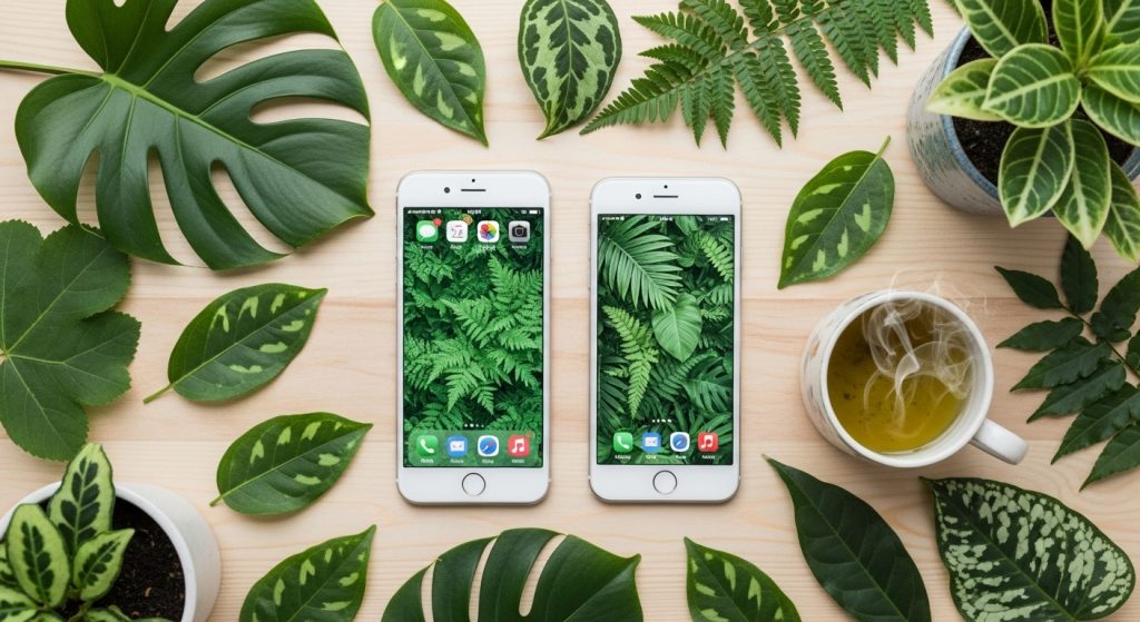 Nature Inspired Green Aesthetic Wallpaper for iPhone & Android 2 A peaceful flat-lay of an iPhone and Android phone showing nature-inspired green aesthetic wallpapers, surrounded by leaves, plants, and a cup of tea.