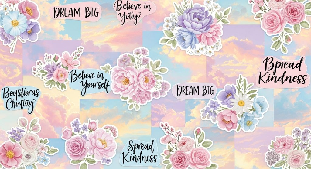 Girly wallpaper collage featuring florals, pastel skies, and inspirational text.