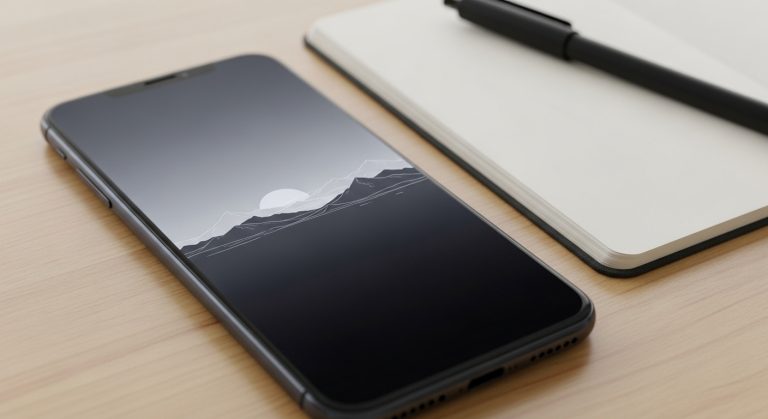 A close-up of a smartphone displaying a sleek minimalist wallpaper, placed on a clean desk with a simple notebook and pen beside it.