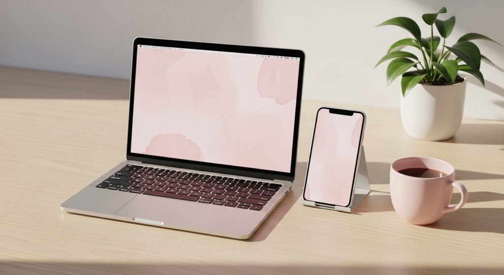 Pastel Pink Aesthetic Wallpapers Soft & Minimal Backgrounds for iPhone 6 Artistic shot of a workspace with a laptop and iPhone, both showing pastel pink wallpapers, creating a soothing vibe.