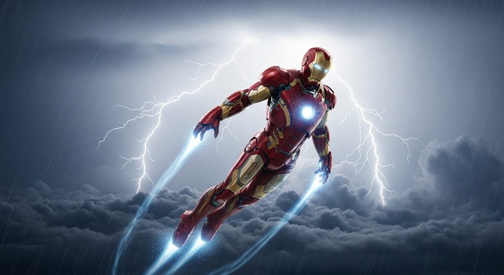 Aesthetic Wallpaper Background Marvel Epic HD Superhero Backdrops 10 “Cinematic Marvel desktop wallpaper of Iron Man flying through clouds with lightning effects in ultra-HD.”