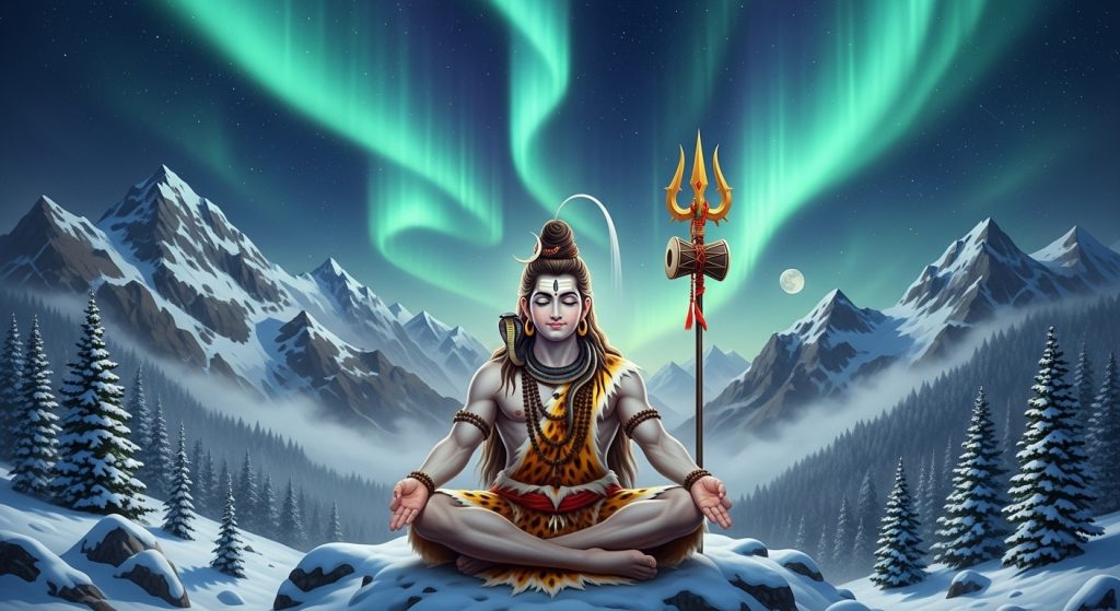 Aesthetic Wallpaper Background Mahadev HD Spiritual Backdrops 7 Ultra-HD wallpaper of Mahadev meditating in the Himalayas with aurora lights glowing in the sky.