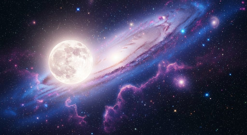 Aesthetic Wallpaper Background Moon Dreamy HD Night Sky Backdrops 10 Galaxy-themed wallpaper featuring a glowing moon surrounded by countless stars and a purple-blue nebula.