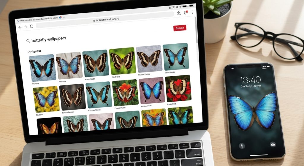 Beautiful Butterfly Aesthetic Wallpapers for iPhone Lovers 12 A laptop screen showing Pinterest search results for butterfly wallpapers alongside an iPhone displaying one.