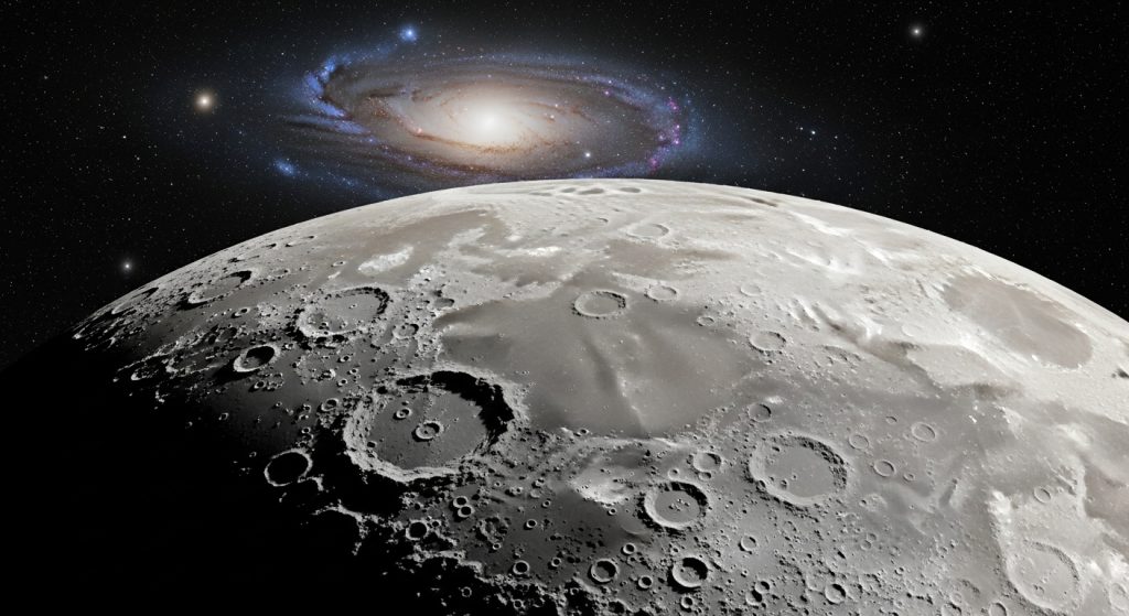 Aesthetic Wallpaper Background Moon Dreamy HD Night Sky Backdrops 5 : Ultra-HD close-up of the moon displaying detailed craters and textures, set against a dark galaxy background.