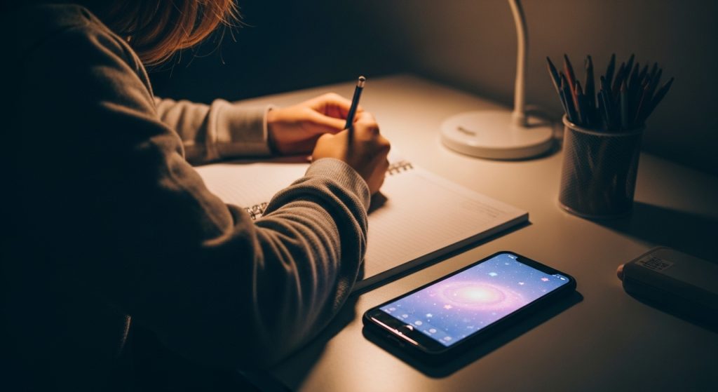 Top Aesthetic Wallpaper Ideas: Galaxy Sky with Pastel Stars 6 Young student studying at night with a softly lit desk and a phone glowing with a pastel galaxy star wallpaper beside a notebook.