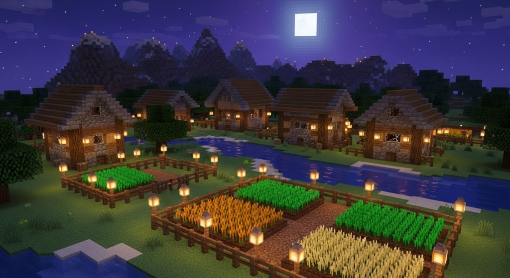 Minecraft Aesthetic Wallpaper Background Cool HD Pixel Art Backdrops 4 A serene Minecraft village with pixel houses, farms, and lanterns glowing under a purple night sky.