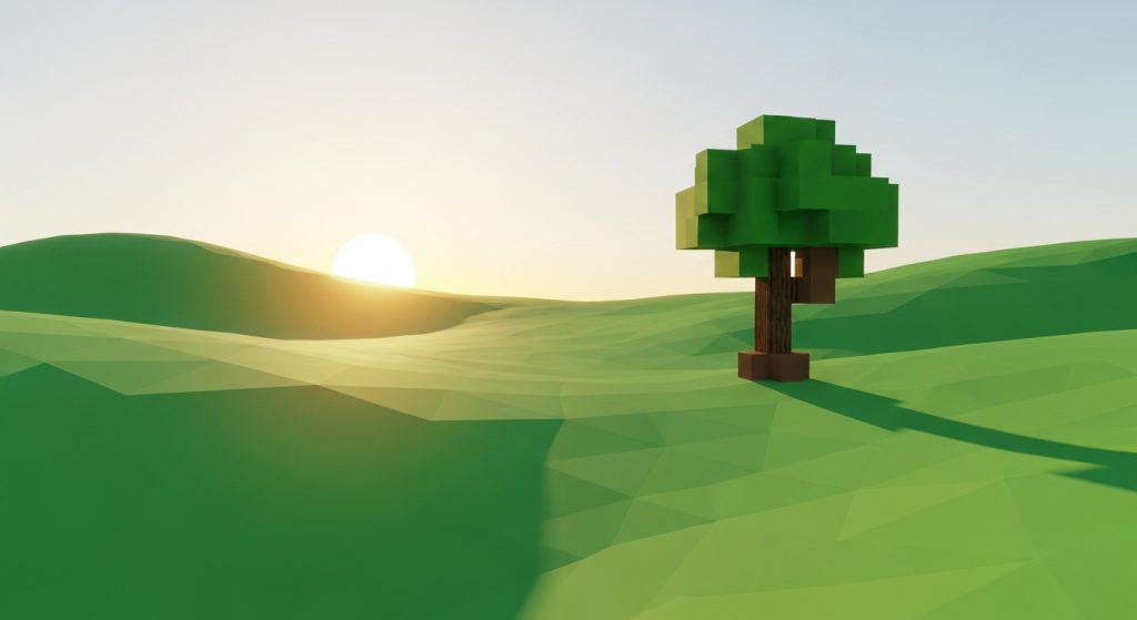 Minecraft Aesthetic Wallpaper Background Cool HD Pixel Art Backdrops 6 A clean minimalist Minecraft wallpaper featuring rolling green hills, a single oak tree, and a glowing sunrise.