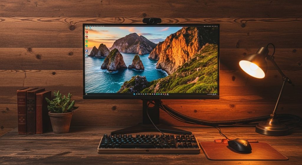 Brown Aesthetic Wallpapers for PC | Warm & Minimal Desktop Backgrounds 8 A PC setup with a brown textured wallpaper featuring woodgrain patterns and rustic desk décor.