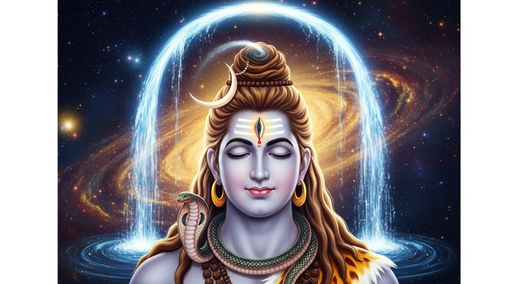Aesthetic Wallpaper Background Mahadev HD Spiritual Backdrops 4 : A high-resolution wallpaper of Mahadev with his third eye glowing, Ganga flowing from his hair, and cosmic stars swirling around.