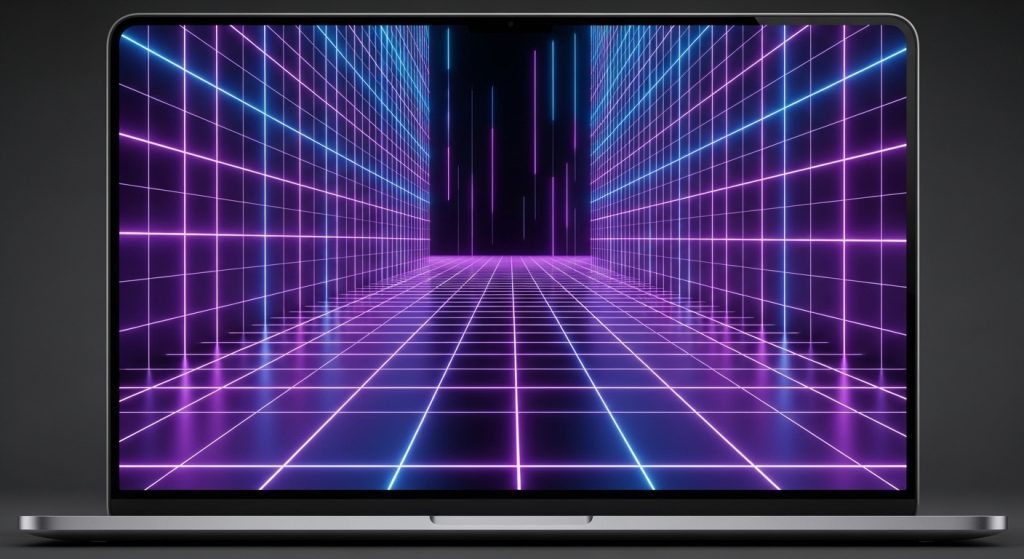 Aesthetic Wallpaper Background Man Bold & Stylish HD Looks 8 t: Laptop screen with futuristic neon grid wallpaper, glowing purple and blue tones.
