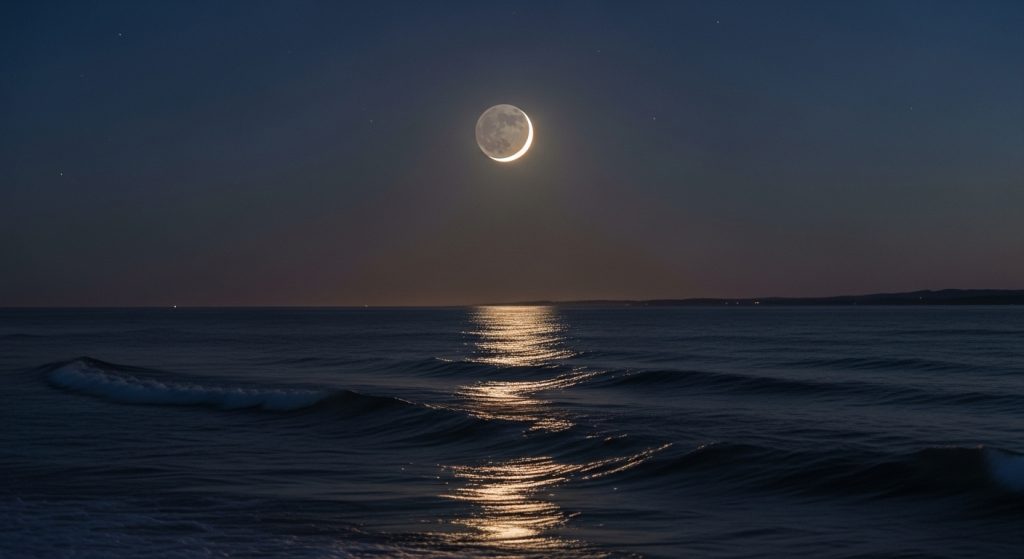 Aesthetic Wallpaper Background Moon Dreamy HD Night Sky Backdrops 3 A peaceful moonlit night scene with a glowing crescent moon above calm ocean waves, reflecting soft silver light.