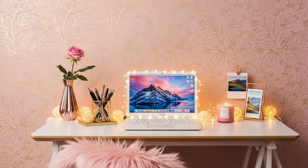 A pink-and-gold girly wallpaper with soft floral patterns, aesthetic desk setup, and cozy lighting around a laptop screen.