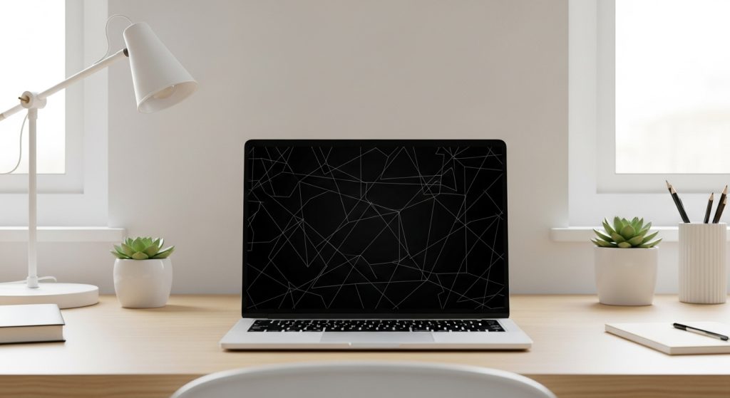 Aesthetic Wallpaper Background Man Bold & Stylish HD Looks 5 Minimalist black wallpaper with thin white geometric lines on a laptop display in a clean office setup.