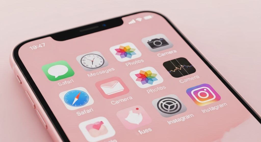 Pastel Pink Aesthetic Wallpapers Soft & Minimal Backgrounds for iPhone 4 Close-up of an iPhone screen showing pastel pink wallpaper with neatly arranged app icons.