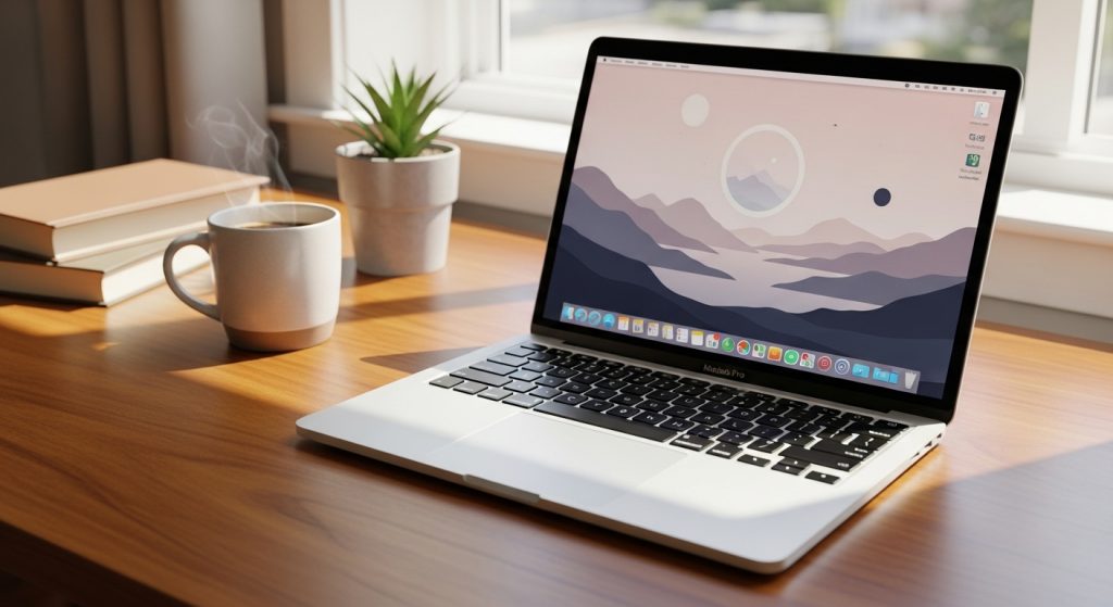 Aesthetic Wallpaper Background for Mac Minimal & HD Stylish Backdrops 2 A cozy MacBook on a wooden desk, glowing in natural daylight with a minimal aesthetic wallpaper on screen.