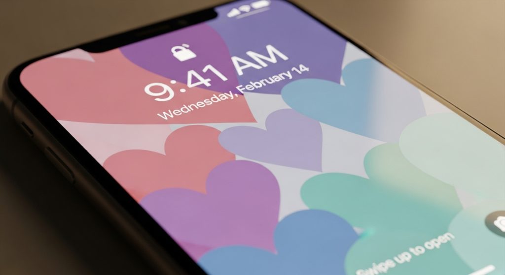 Download Free Aesthetic Love Wallpapers for iPhone Backgrounds 13 Image Prompt: A cinematic close-up of an iPhone lock screen glowing with a romantic pastel heart wallpaper, symbolizing positivity and love.