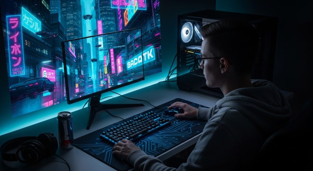 Dark Aesthetic Wallpaper Backgrounds for PC | Minimal & Stylish Desktop Designs 7 A user sitting at a PC desk at night, the screen glowing with a neon cyberpunk dark wallpaper.