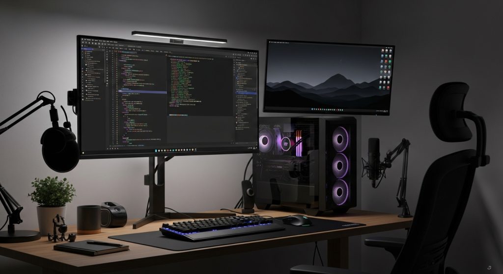 Dark Aesthetic Wallpaper Backgrounds for PC | Minimal & Stylish Desktop Designs 5 A professional workspace with a coding screen in dark mode and a PC desktop showing a sleek dark wallpaper background.