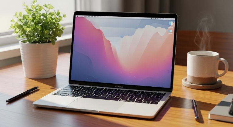 : A sleek MacBook on a wooden desk with natural daylight, screen displaying a minimal HD aesthetic wallpaper background, styled with plants and cozy workspace elements.