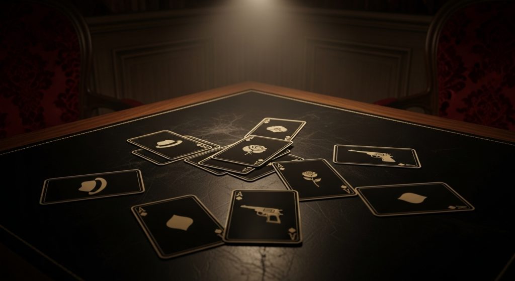 Mafia Aesthetic Wallpaper Background Dark & Powerful HD Backdrops 5 Dark aesthetic wallpaper with gold accents, mafia playing cards on a black leather table under soft spotlight.