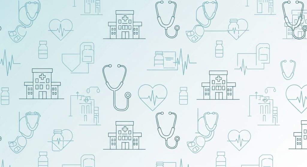 Medico Aesthetic Wallpaper Background Minimal & Professional Vibes 2 A clean, modern medical-themed wallpaper with soft blue and white tones, featuring minimal icons of stethoscopes and hospital structures in an abstract pattern.
