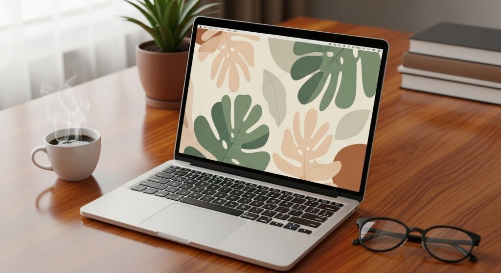 Aesthetic Mindful Living Wallpaper: A Digital Path to Calm 2 : Laptop screen displaying aesthetic mindful living wallpaper with earthy tones.