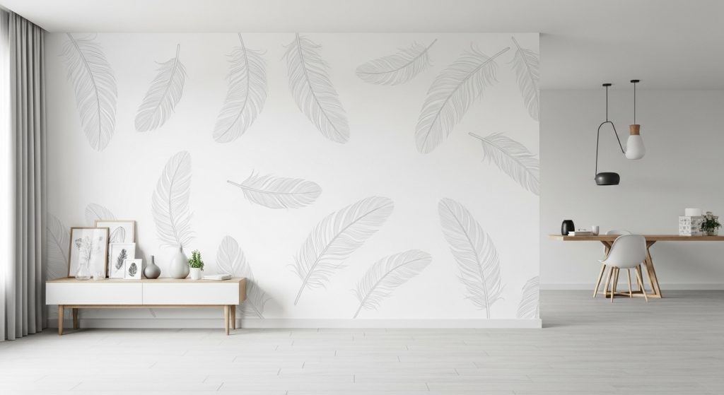 Meaningful Aesthetic Wallpaper Backgrounds Inspiring & Minimal HD Backdrops 6 White modern wall featuring a minimalist feather design wallpaper in soft gray tones.