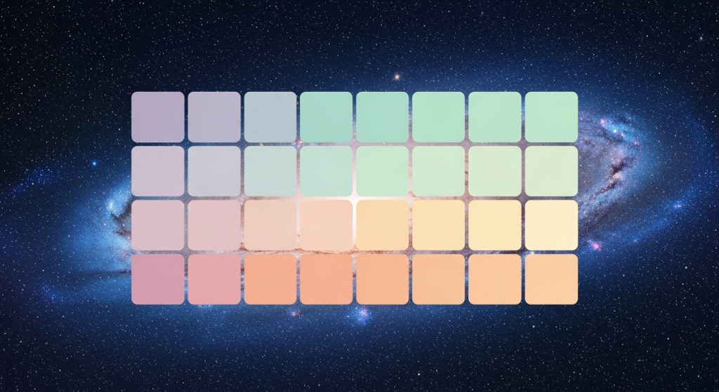 Top Aesthetic Wallpaper Ideas: Galaxy Sky with Pastel Stars 4 Digital design board with pastel color swatches in lavender, mint, peach, and cream placed over a starry galaxy background.