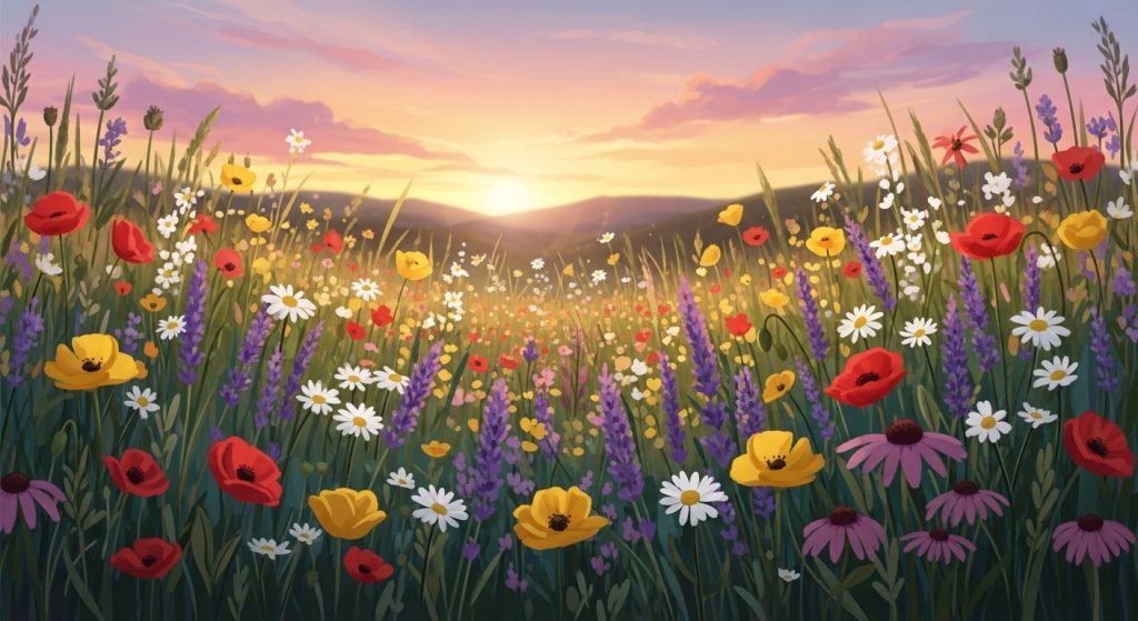 Aesthetic Flower Wallpapers Best Floral Backgrounds for iPhone & Android 8 Wallpaper design with wildflowers blooming on a meadow under a soft sunset sky aesthetic.