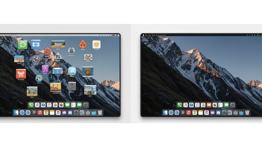 Aesthetic Wallpaper Background for Mac Minimal & HD Stylish Backdrops 11 Side-by-side comparison of two Macs—one with a cluttered wallpaper, one with a clean aesthetic background.