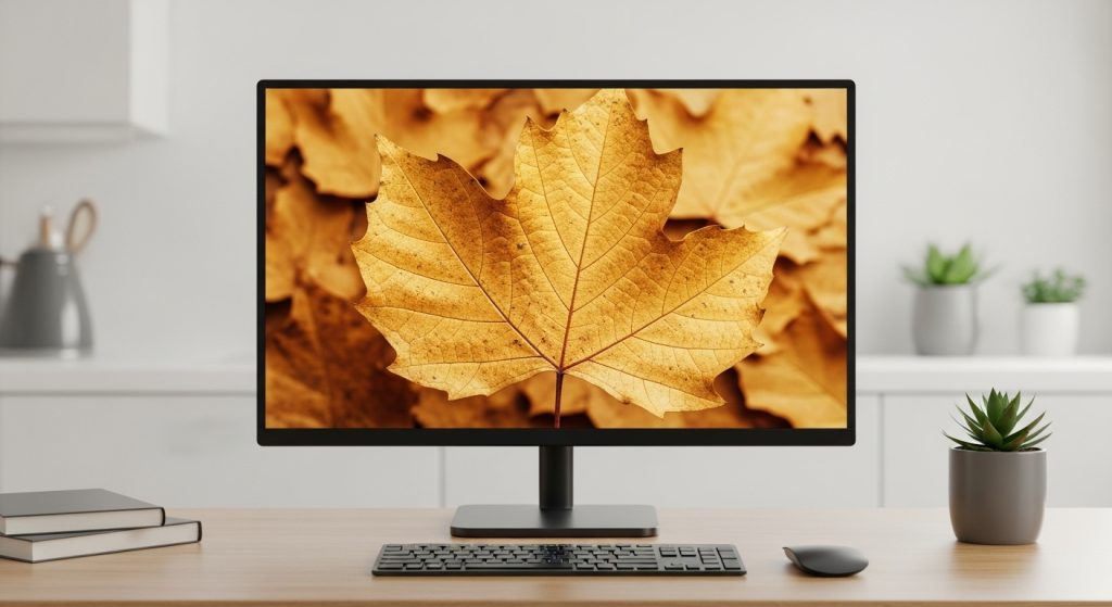Brings Outdoor Serenity to Your Digital Space: Aesthetic Wallpapers 8 Desktop with autumn leaf aesthetic wallpaper adding seasonal serenity.