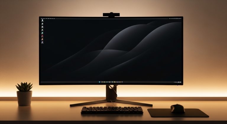“Sleek modern PC setup with minimalist black wallpaper on screen, clean desk, and soft ambient lighting for a stylish and professional look.”
