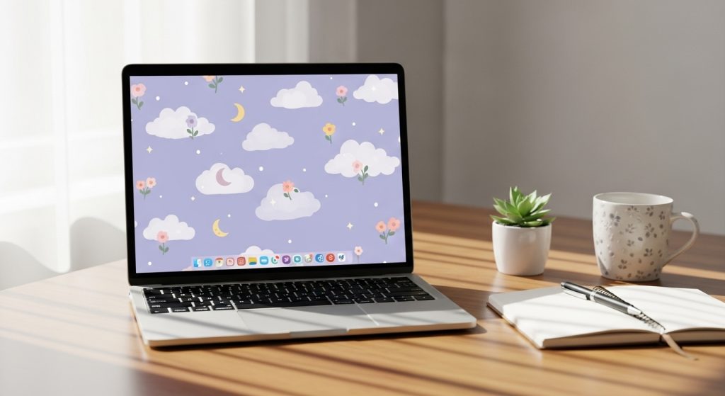  Laptop on a desk with a girly wallpaper featuring lavender skies and minimalist icons.