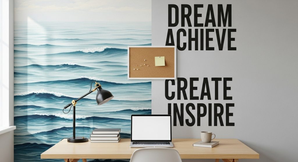 Meaningful Aesthetic Wallpaper Backgrounds Inspiring & Minimal HD Backdrops 10 Study desk facing a wall with wallpaper split into two halves, one showing calm ocean waves and the other displaying motivational words.