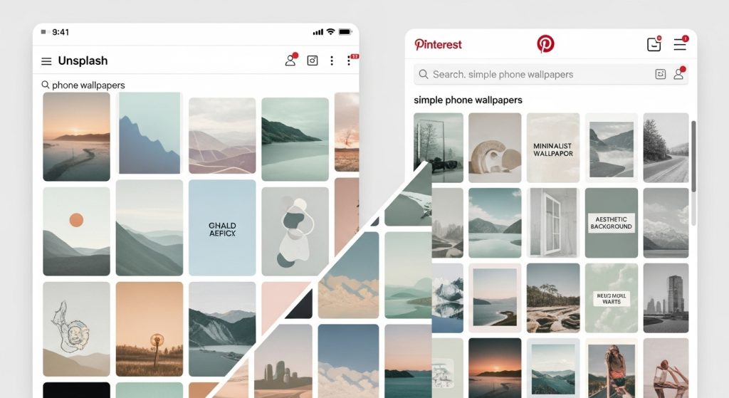 Simple Aesthetic Wallpaper Backgrounds: Minimalist Designs for a Calm & Stylish Look 10 Screenshot collage showing Unsplash and Pinterest with beautiful simple wallpapers for phone background.