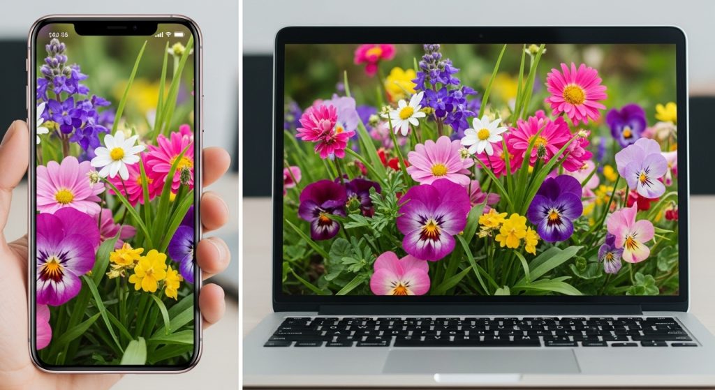Aesthetic Wallpaper Background Floral – Elegant HD Flower Backdrops for Phone & Desktop 5 Split image showing a smartphone and a laptop, both with matching floral wallpapers in HD.