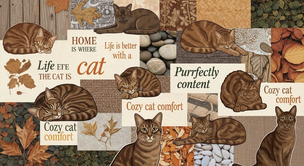 Style Your Screen with Aesthetic Brown Cat Wallpapers 9 Brown cat collage wallpaper with quotes and warm earthy tones.”