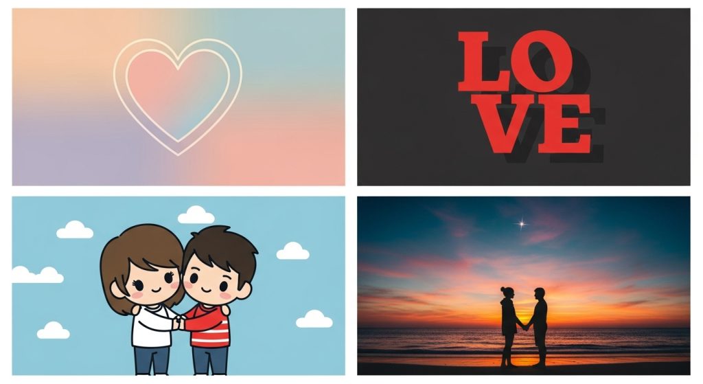 Download Free Aesthetic Love Wallpapers for iPhone Backgrounds 5 A 4-grid collection of iPhone wallpapers: minimalist pastel heart, bold red love typography, cute cartoon-style couple, and aesthetic romantic sunset.