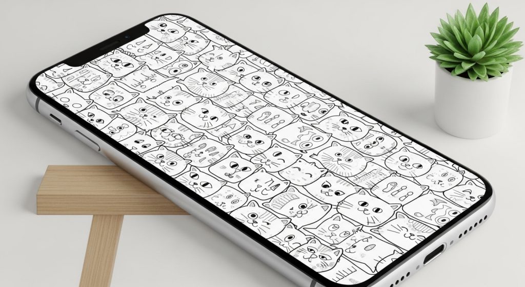 White Background with Doodle Cats: A Minimal Aesthetic for Cat Lovers 4 Close-up of an iPhone displaying doodle cats wallpaper with a pure white background, placed on a simple desk with a single plant, super realistic, 2:3 ratio.