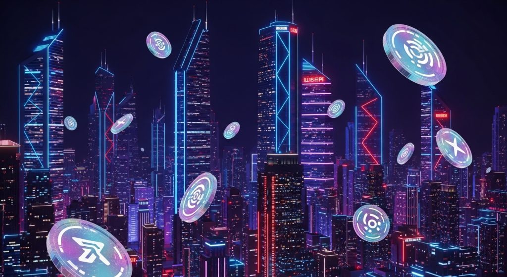 Money Aesthetic Wallpaper Background Luxury & Wealth Vibes in HD 13 3D animated wallpaper with floating holographic coins and futuristic skyscrapers glowing in neon.