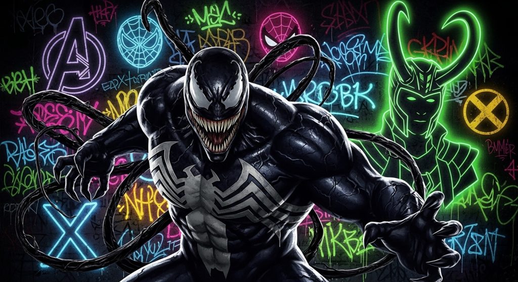 Aesthetic Wallpaper Background Marvel Epic HD Superhero Backdrops 13 Dark Marvel wallpaper featuring Venom with neon graffiti background and glowing green Loki silhouette.”