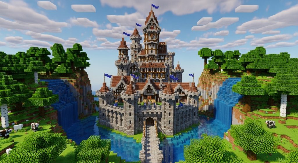 Minecraft Aesthetic Wallpaper Background Cool HD Pixel Art Backdrops 9 panoramic Minecraft wallpaper of a medieval castle surrounded by pixelated waterfalls and forests.