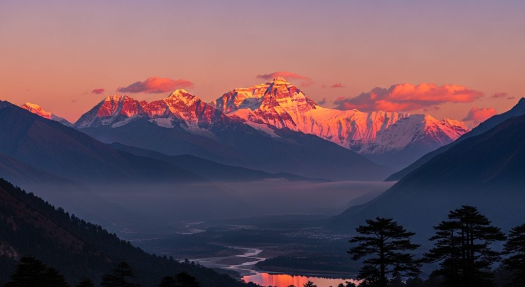 A majestic panoramic wallpaper of the Himalayas glowing with pink and orange hues at sunset.