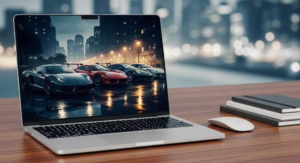 Aesthetic Wallpaper Background Man Bold & Stylish HD Looks 2 A sleek laptop on a wooden desk, displaying a dark masculine wallpaper with cars and city lights in the background.