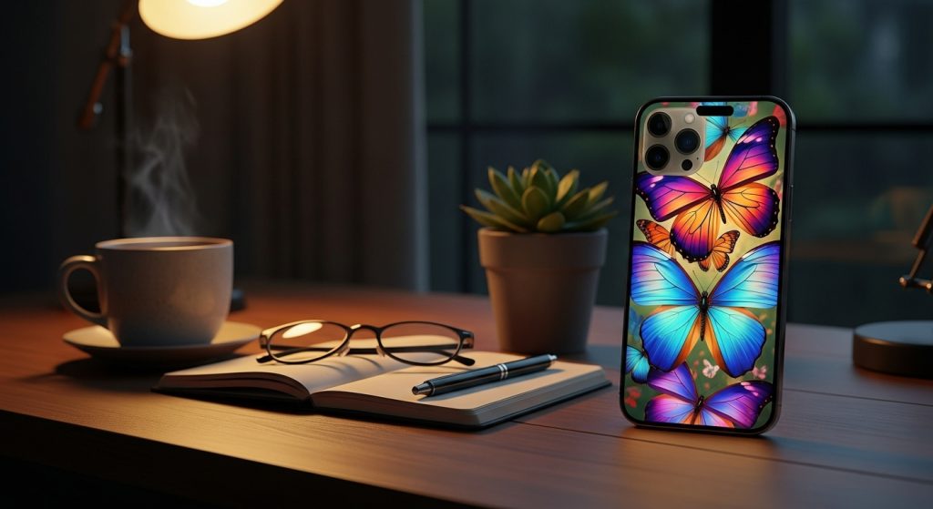 Beautiful Butterfly Aesthetic Wallpapers for iPhone Lovers 13 A final aesthetic shot of an iPhone glowing with a butterfly wallpaper on a cozy wooden desk setup.