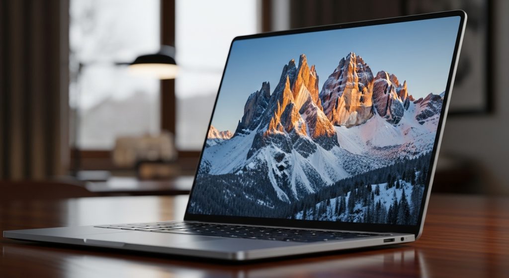 Aesthetic Wallpaper Background Man Bold & Stylish HD Looks 12 Side view of a laptop with an ultra-HD wallpaper showing sharp mountain details.
